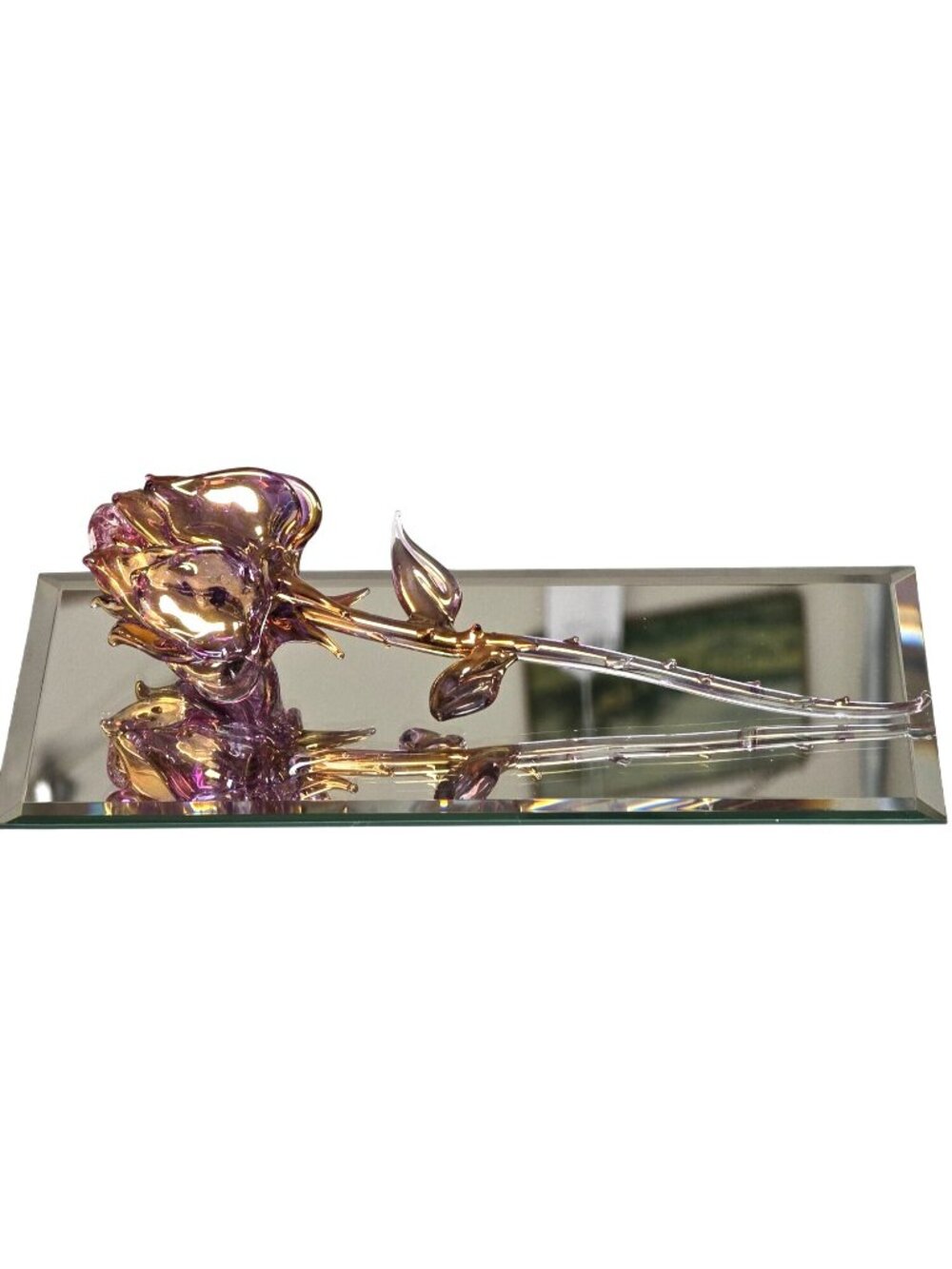 Vintage Hand-Blown Glass Rose Gold Dipped Flower Purple with Mirror Decor - Picture 8 of 10